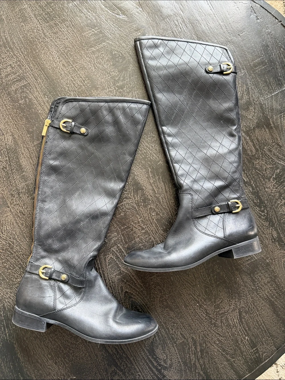 Anne Klein Black Leather Boots with Gold Buckles
